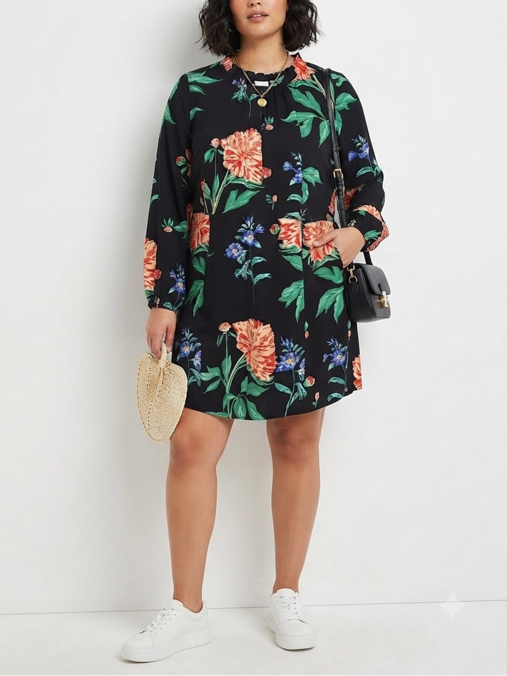 Junarose Black Floral Shift Dress Long Sleeve Ruffle Neck❤️